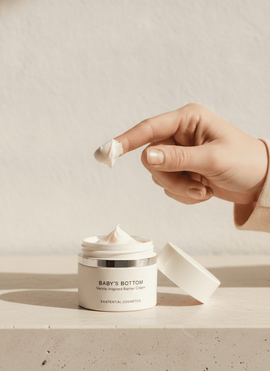 A fingertip lifting a dollop of Baby's Bottom cream from the open jar