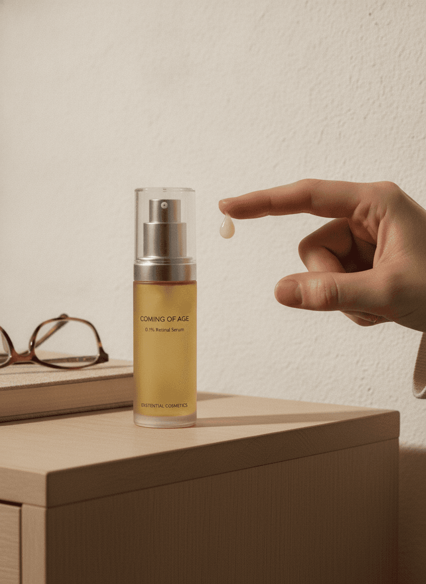 Coming of Age on a nightstand at night, one pump of serum on a fingertip