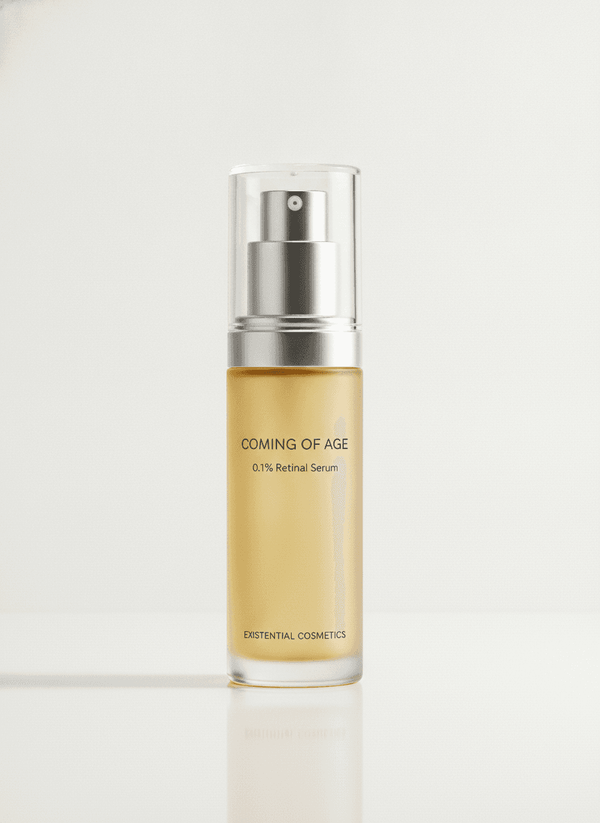 Coming of Age serum: a frosted warm yellow airless pump bottle