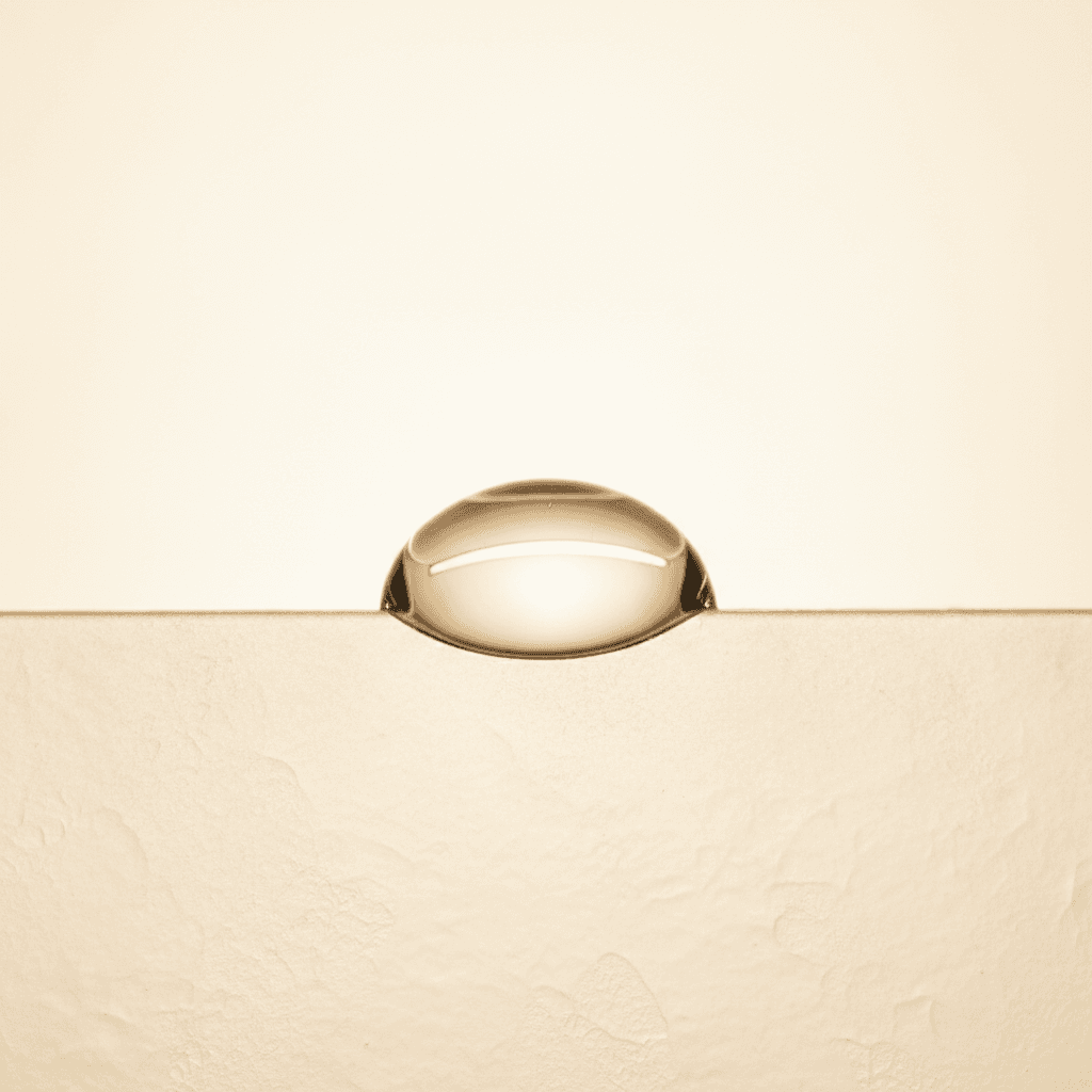A single glossy serum droplet on frosted glass