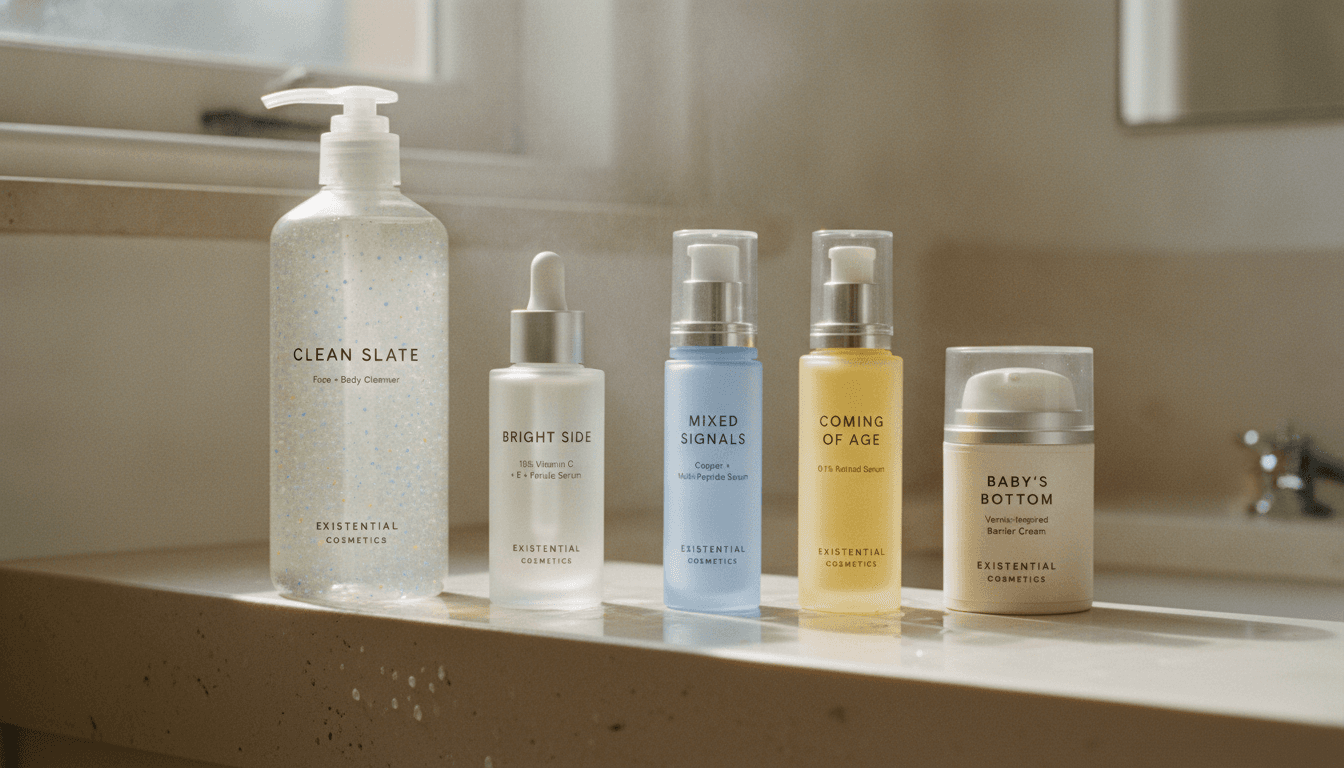 Existential Cosmetics products on the wet edge of a marble sink in morning light