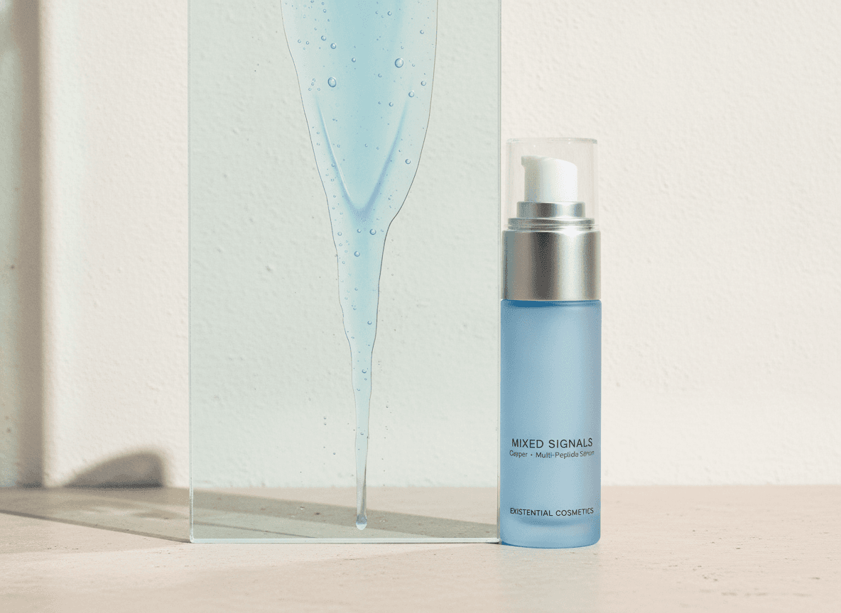 Pale blue Mixed Signals serum sheeting down a glass slab beside the bottle