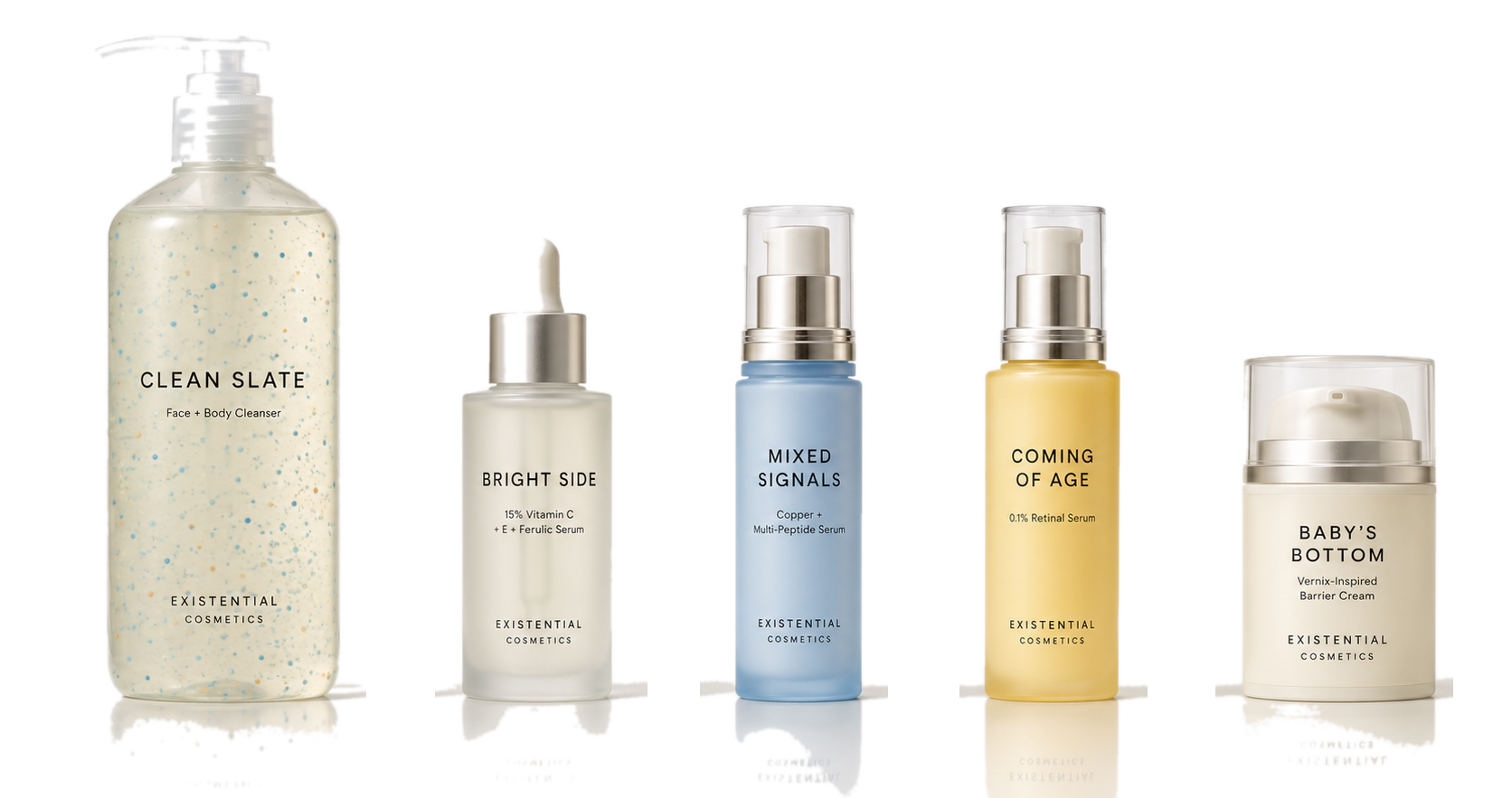 The five Existential Cosmetics products photographed in warm white studio light